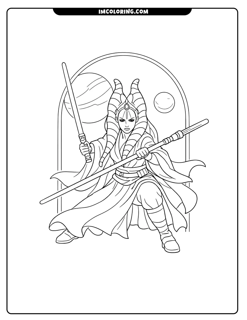 Scene showing Jedi Master Shaak Ti in a dynamic fighting pose to color