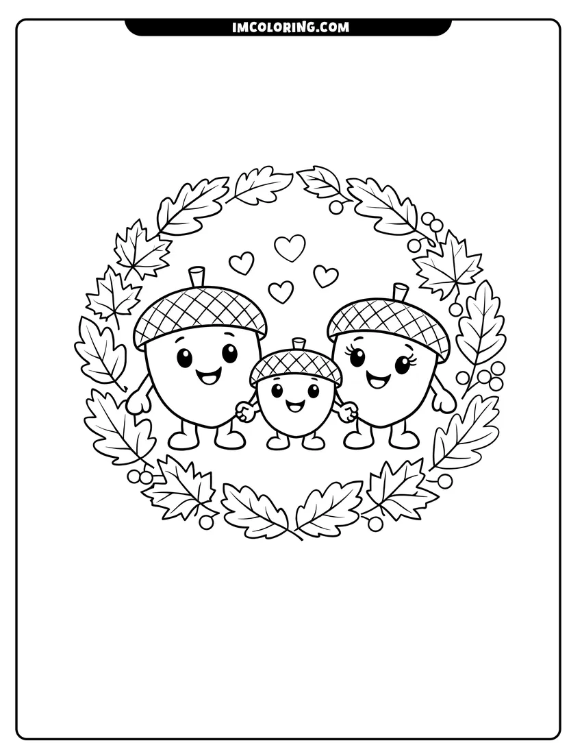 Cartoon acorn family inside a leaf wreath drawing meant for coloring