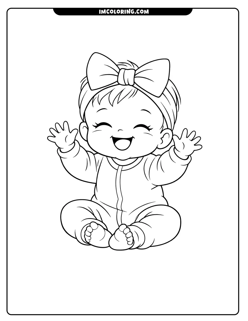 Easy-to-color Joyful baby girl wearing a bow headband illustration