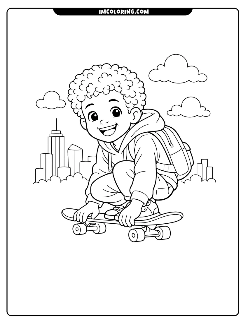 Scene showing Black boy skateboarding in front of a city to color