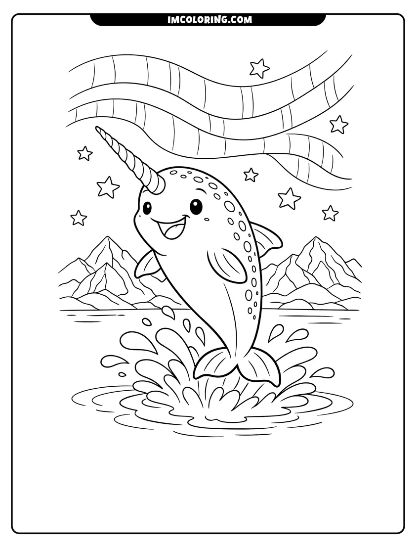 Simple line drawing of Narwhal jumping from water under northern lights