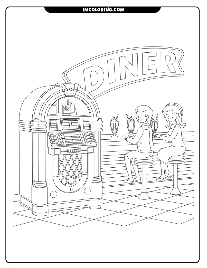 Vector style outline of Retro arched-top jukebox and milkshakes in a classic diner