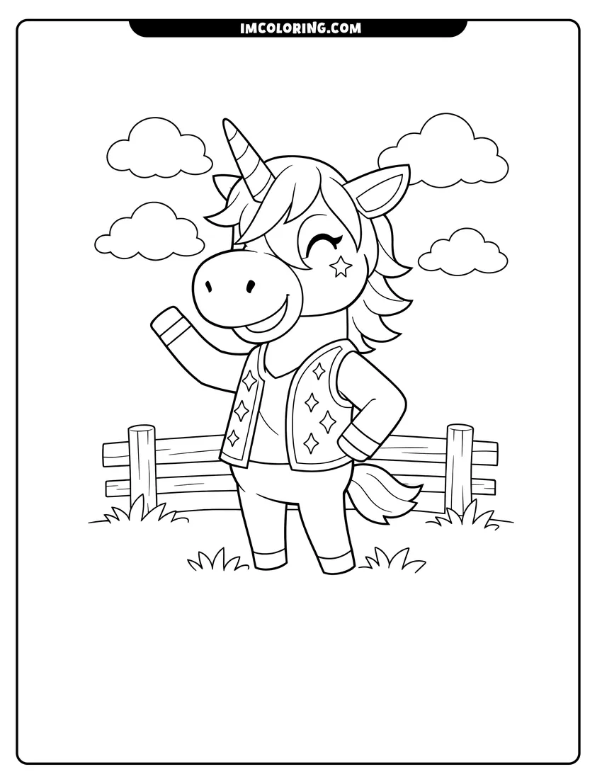 Printable outline of Julian the unicorn villager waving in a sparkly vest