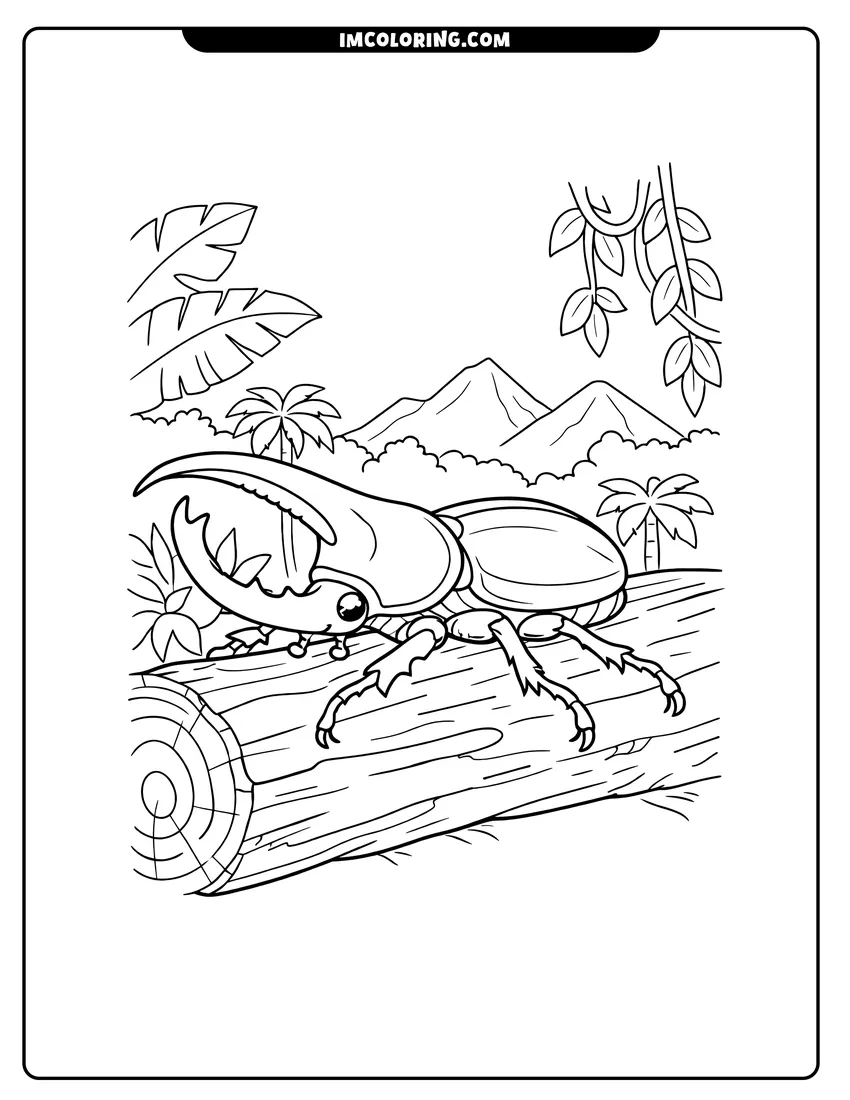Simple line drawing of Hercules beetle on a log with mountains in background