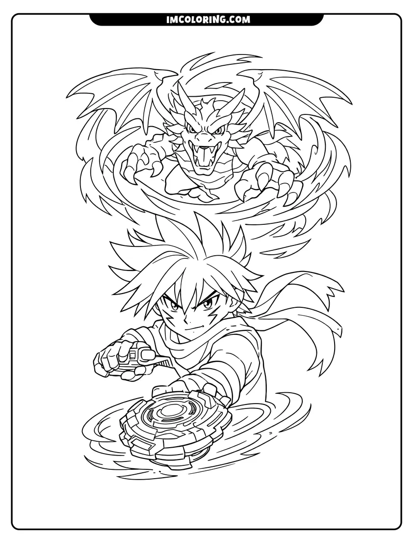 Printable Kai Hiwatari launching a Beyblade with a winged dragon coloring activity