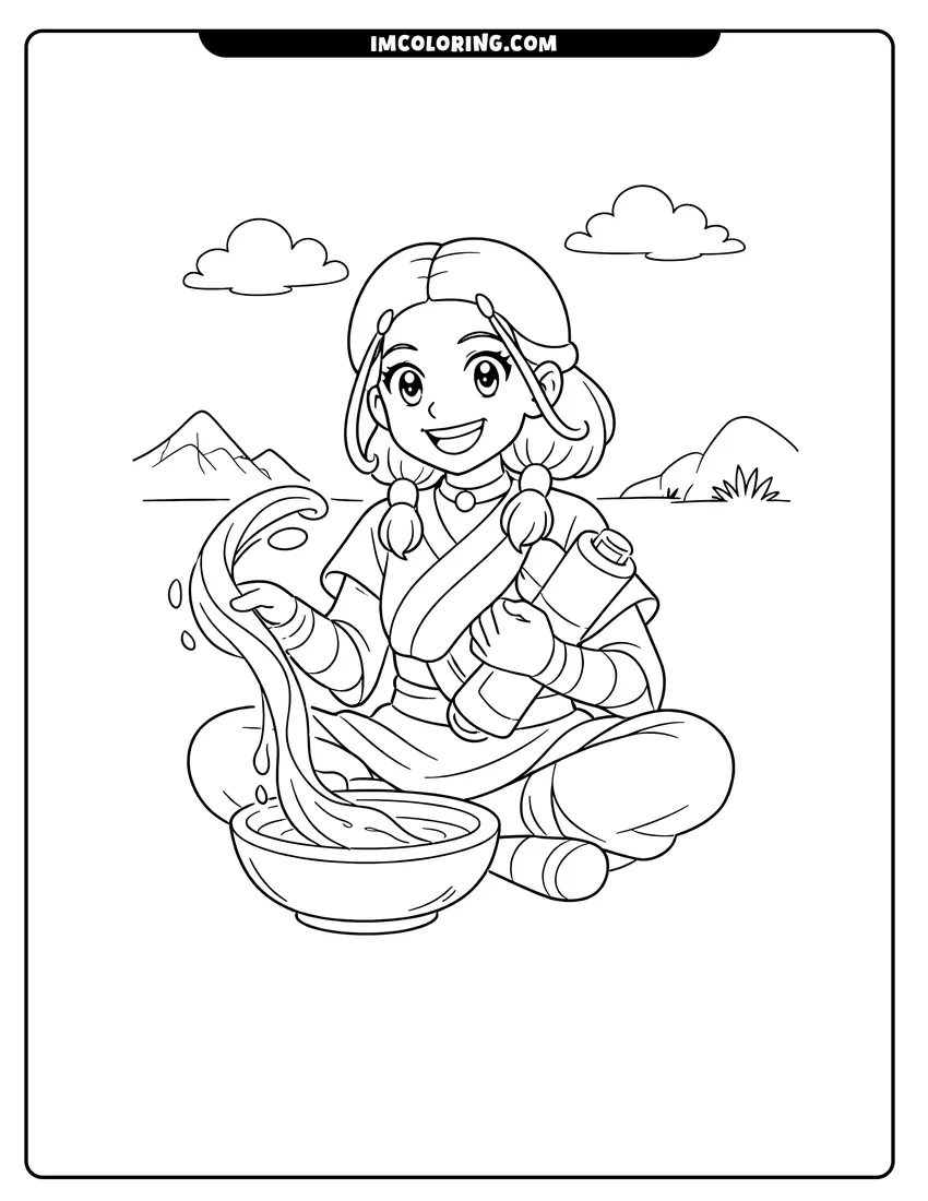 Line art depicting Katara waterbending from a bowl