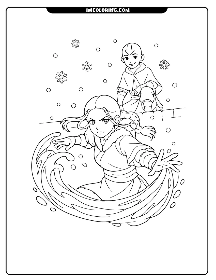 Cute Katara bending water in the snow outline for coloring