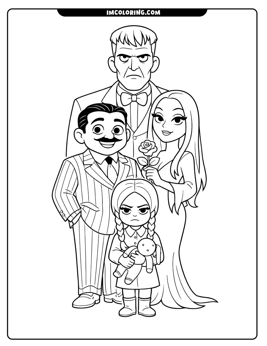Kawaii style Kawaii Addams Family characters posing inside their mansion coloring picture