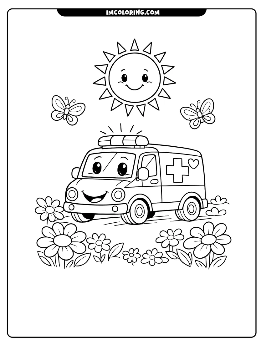 Kawaii ambulance driving through a field of large flowers drawing meant for coloring