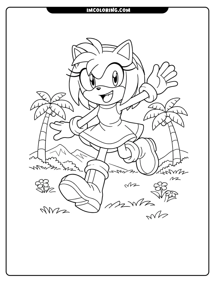 Scene showing Amy Rose skipping in a field to color