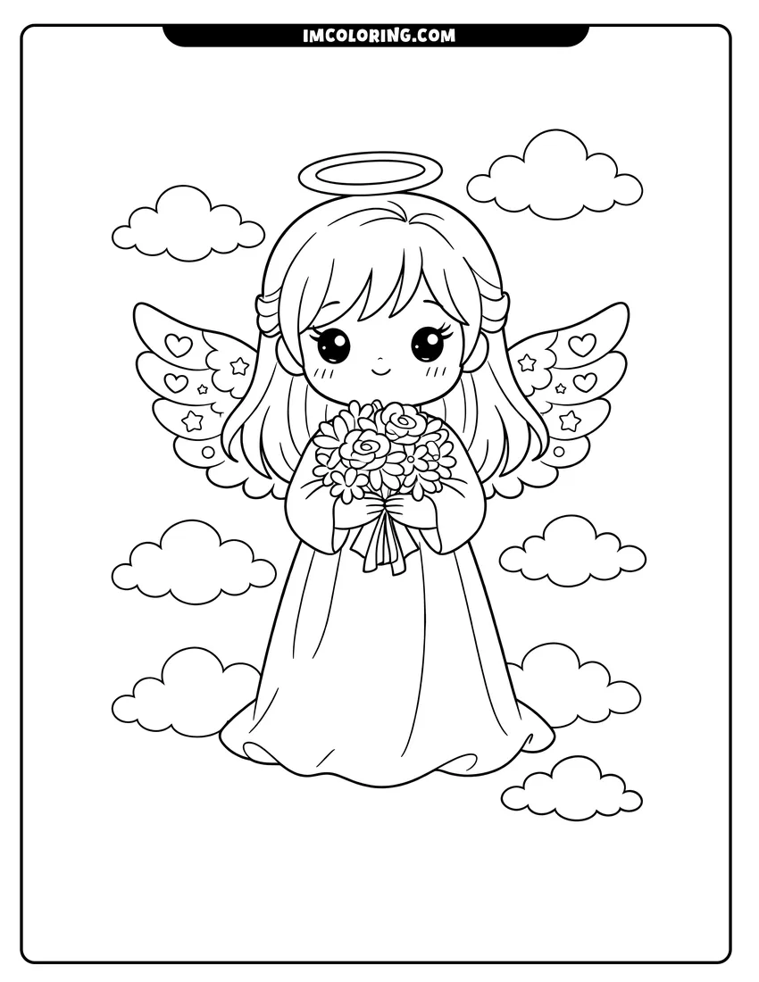 Printable coloring page featuring Kawaii angel girl holding a bouquet of flowers