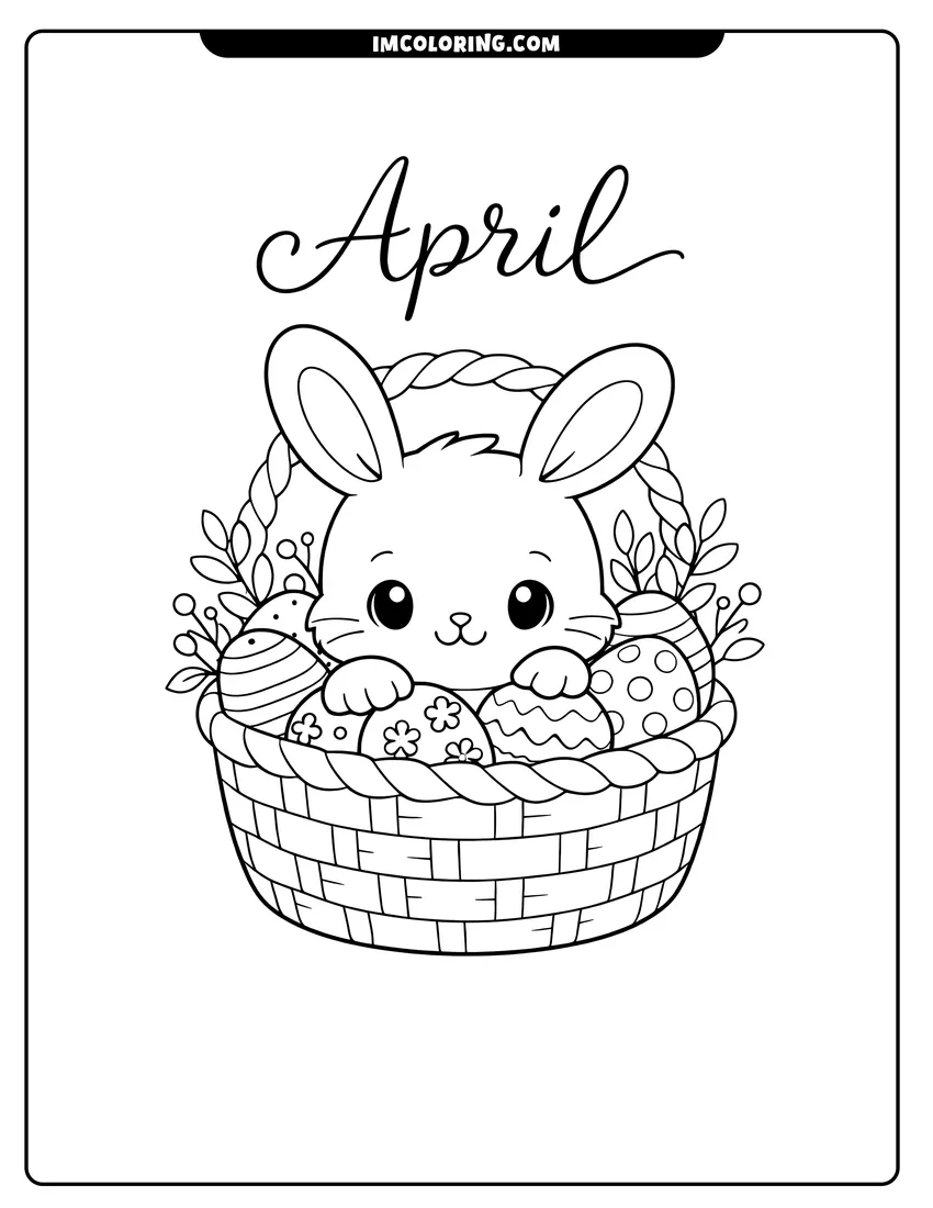 Cute Kawaii bunny peeking out of an Easter basket outline for coloring