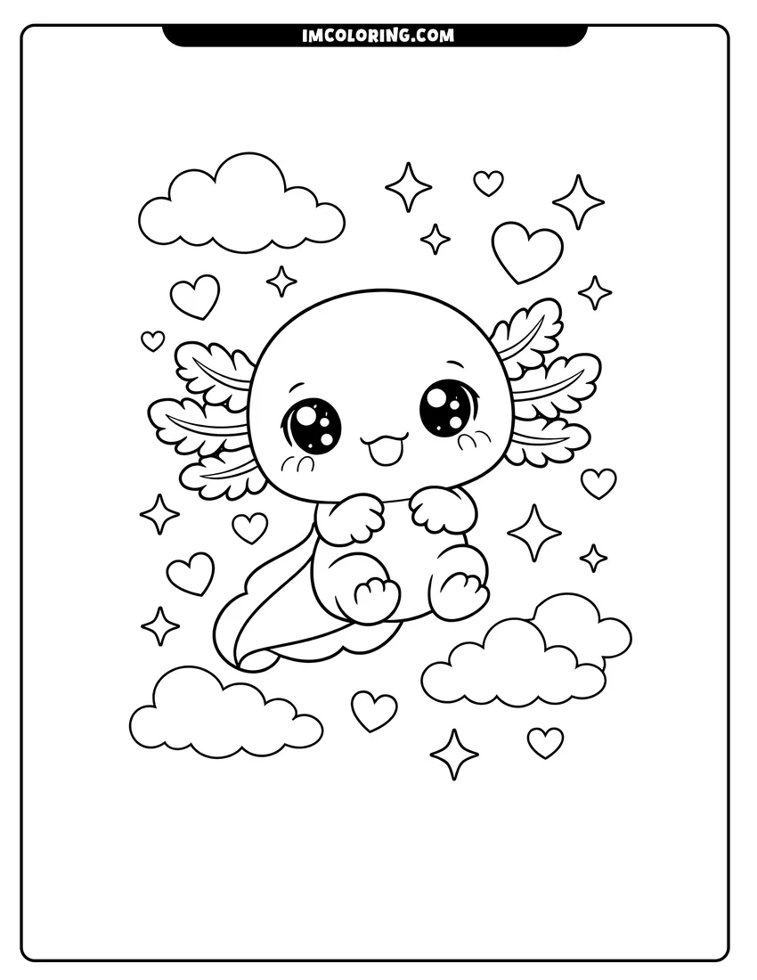 Kawaii style Baby axolotl floating in the clouds with stars coloring picture