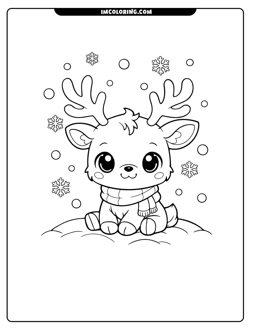 Black and white Kawaii baby reindeer sitting on a snowy hill coloring sheet