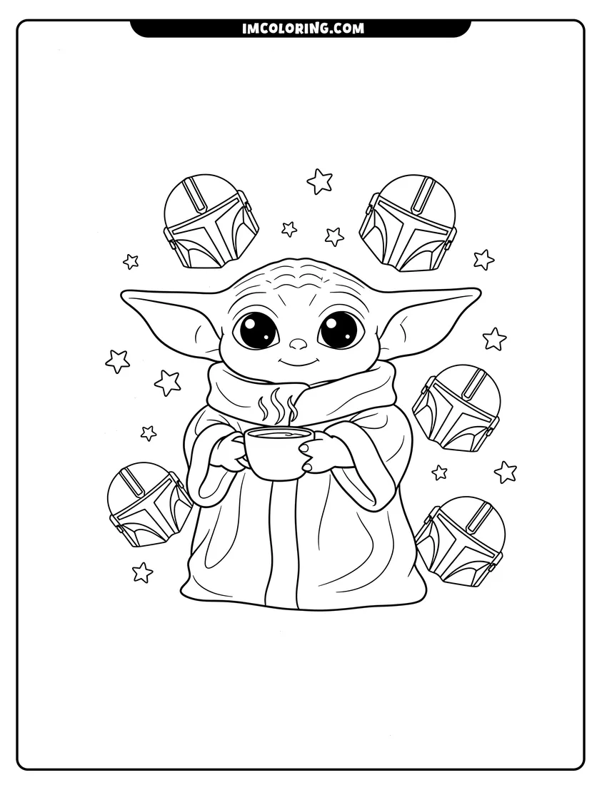 Kawaii Baby Yoda holding a steaming cup coloring page for preschoolers