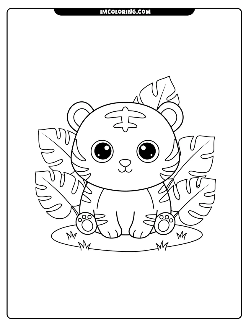 Simple line drawing of Kawaii Beanie Boo white tiger in jungle