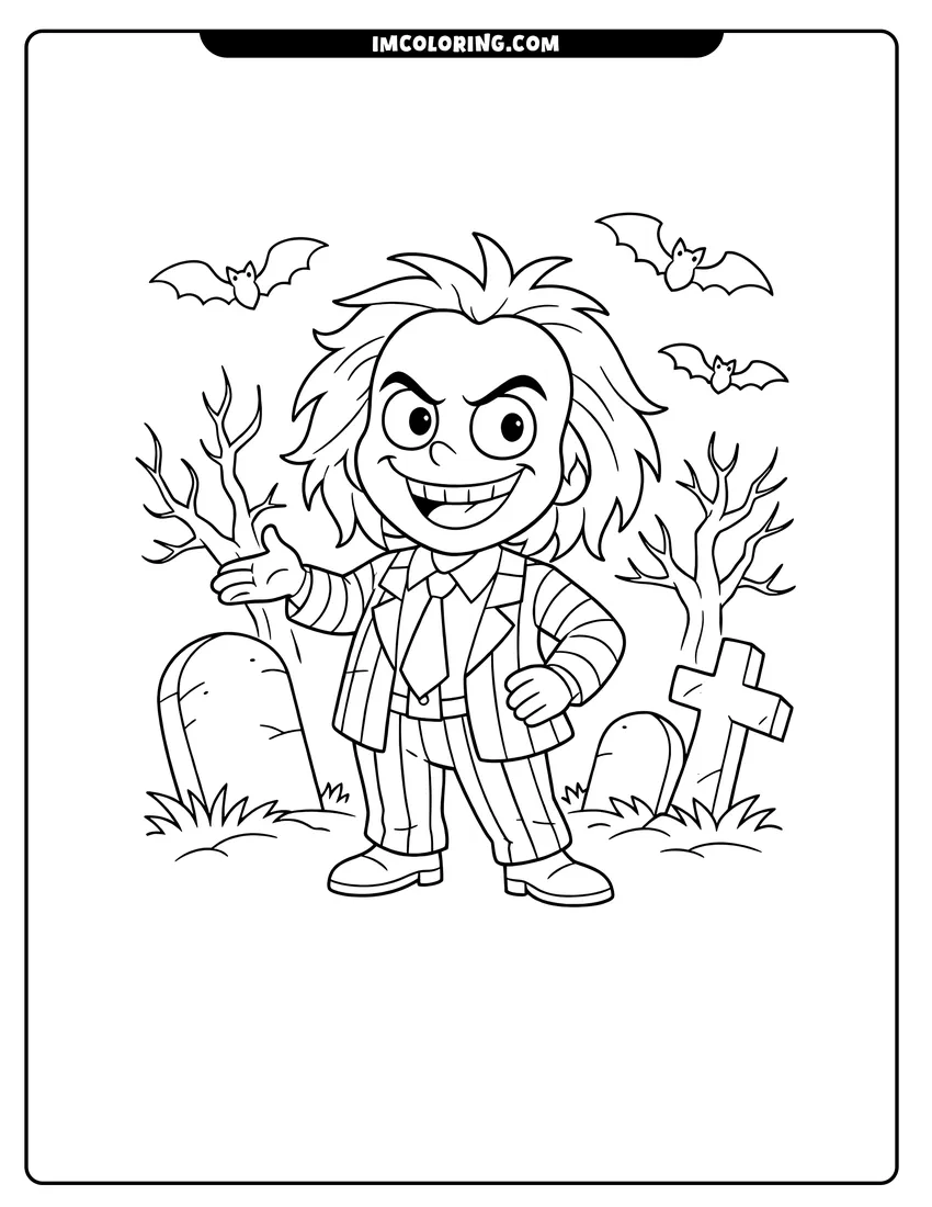 Printable coloring page featuring Kawaii Beetlejuice standing in a graveyard with bats
