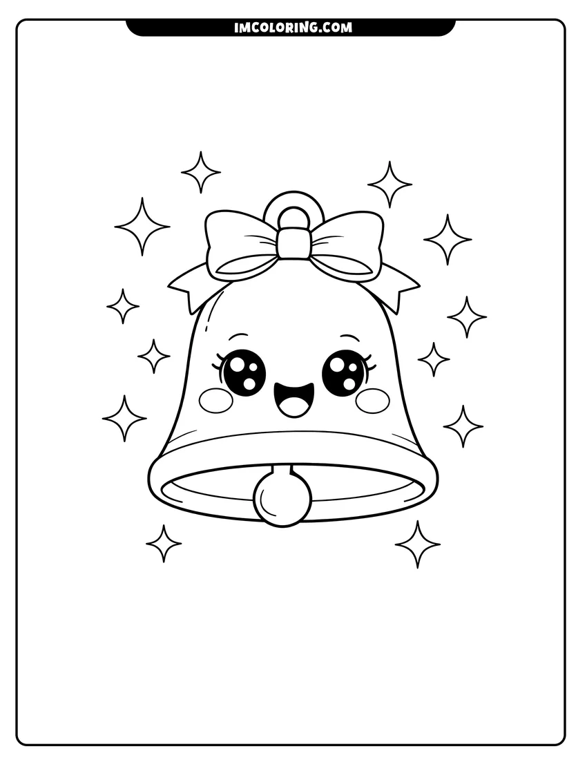 Cheerful kawaii bell with sparkly eyes and stars coloring page for preschoolers
