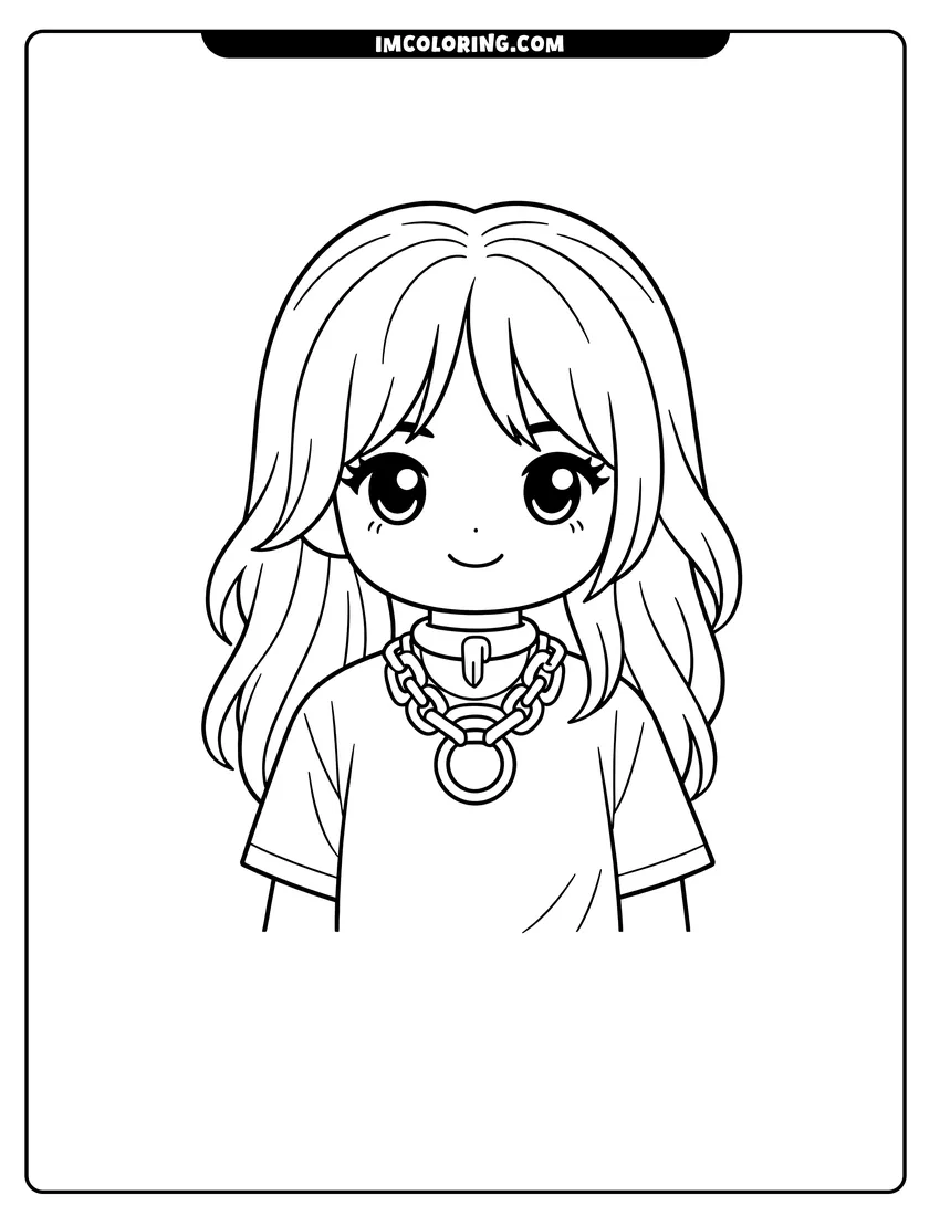 Printable outline of Kawaii Billie Eilish wearing a logo choker