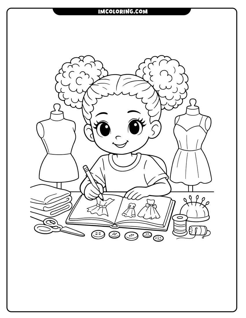 Kids activity sheet showing Kawaii Black girl sketching dress designs at a desk