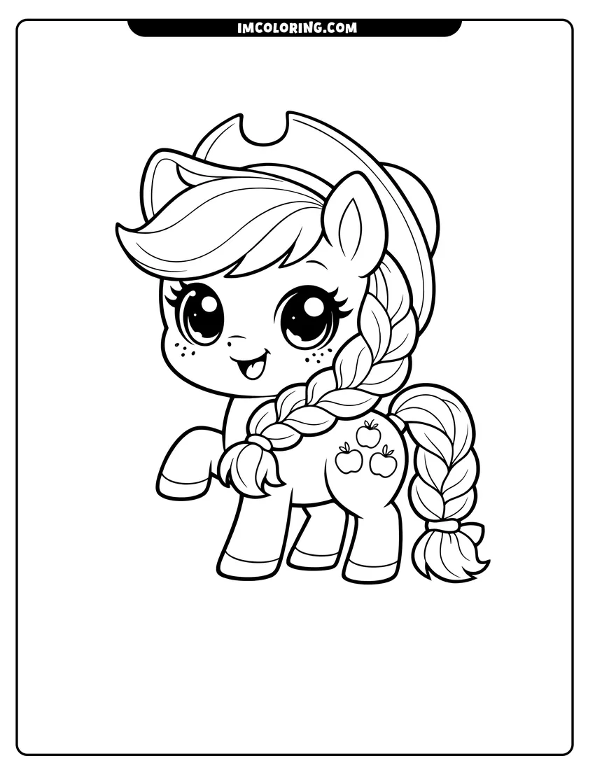 Easy-to-color Kawaii chibi Applejack with braided mane and tail illustration
