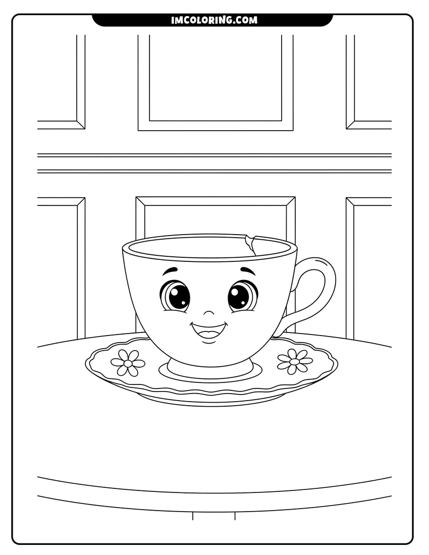 Coloring sheet of Kawaii Chip the teacup smiling on a decorative saucer for kids
