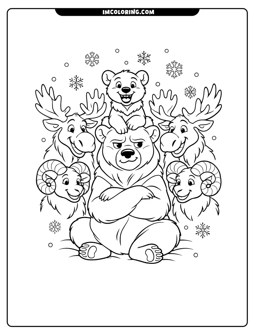Kids activity sheet showing Kenai and Koda with moose and rams in snow