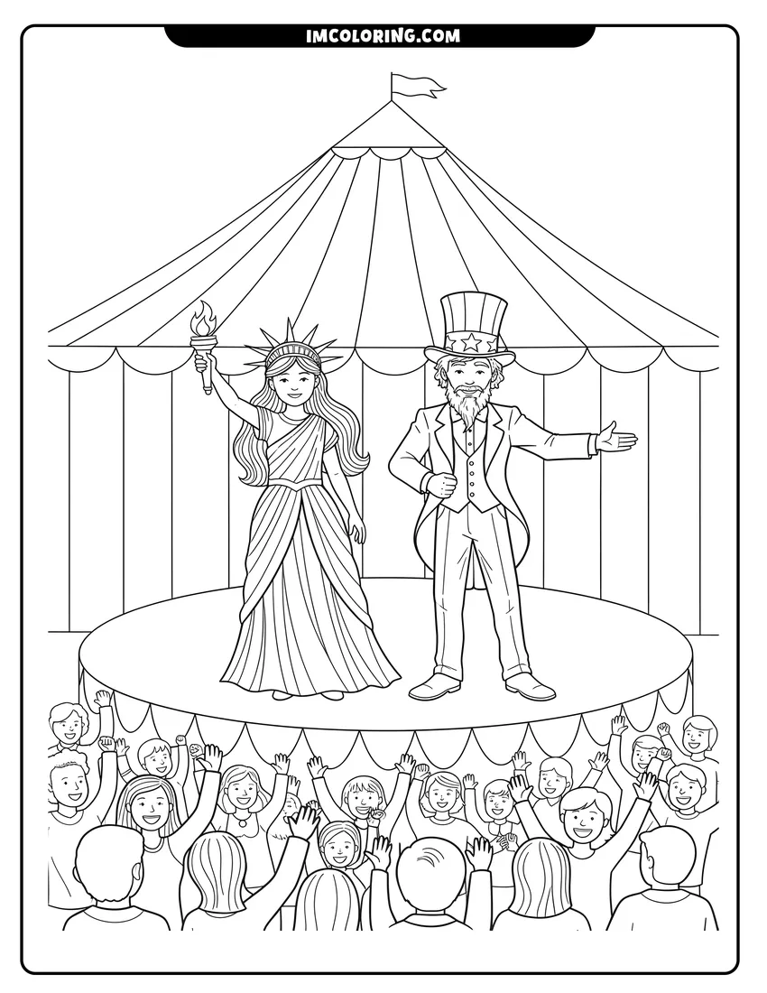 Printable coloring page of Children dressed as Lady Liberty and Uncle Sam on stage