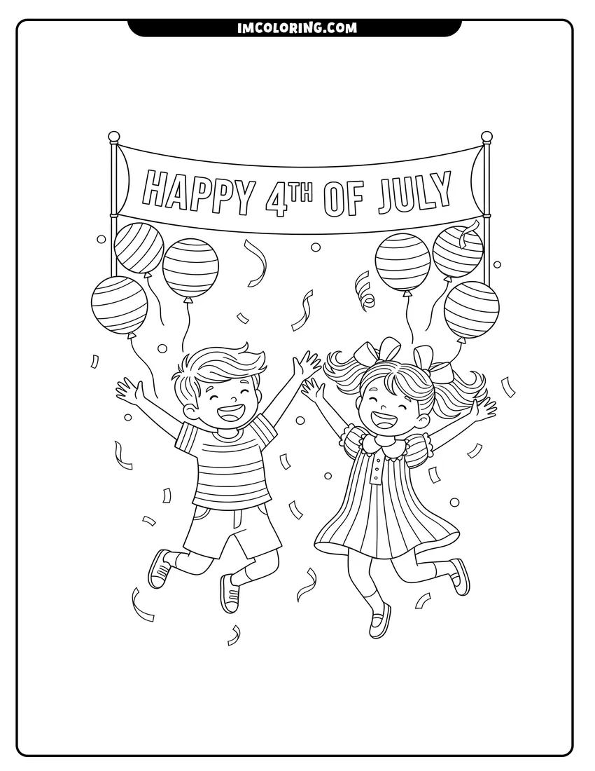 Linear illustration of Boy and girl celebrating under a festive holiday banner