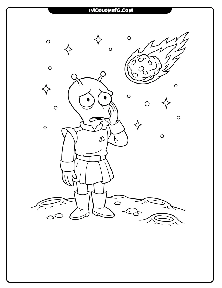 Printable Kif Kroker alien standing on a cratered moon surface coloring activity