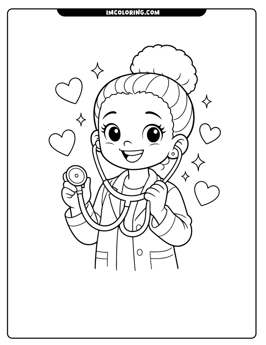 Simple line drawing of Black girl doctor holding a stethoscope