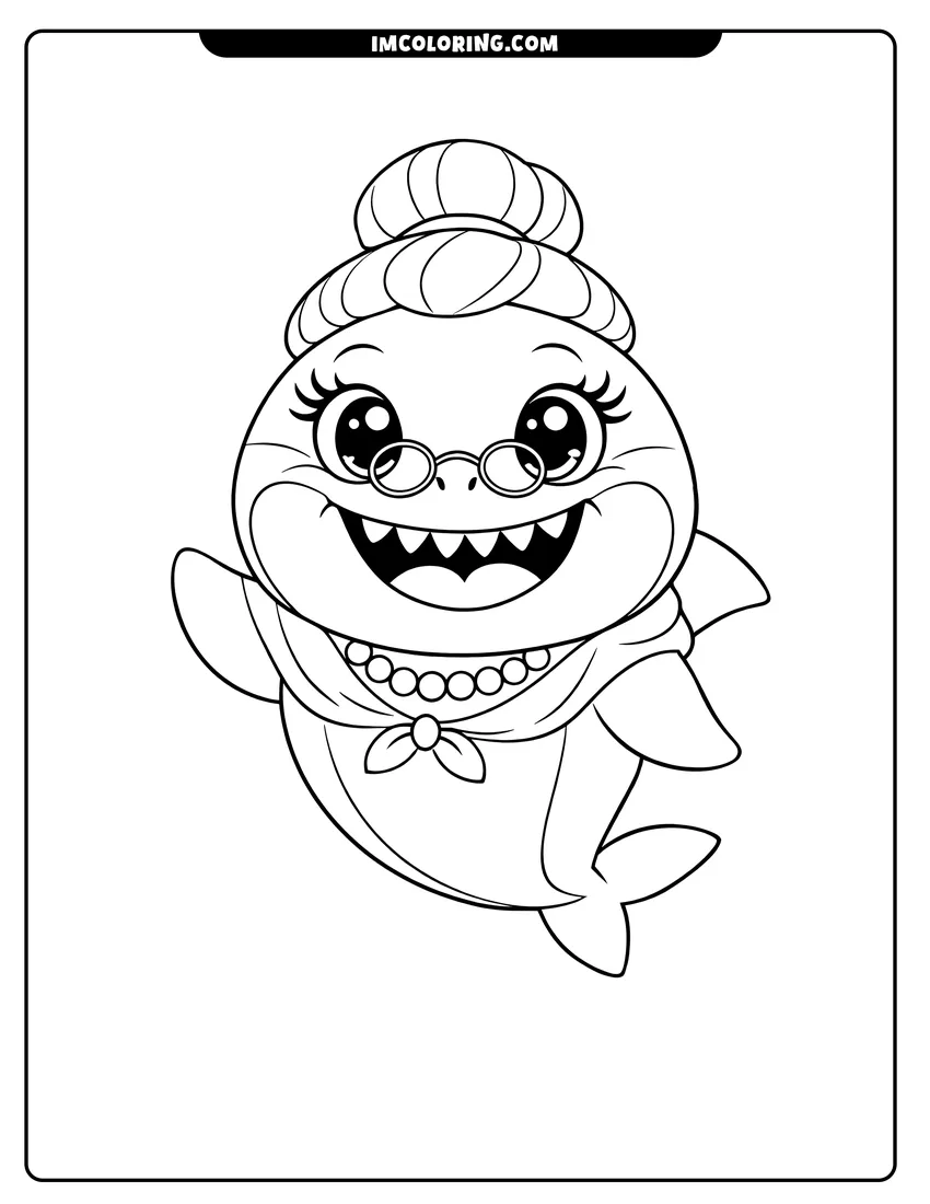 Easy-to-color Grandma Shark wearing glasses and smiling illustration