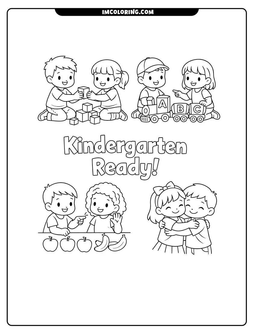 Detailed Kindergarten ready poster with kids playing and learning design for coloring