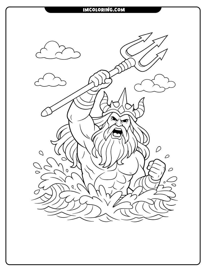 Outline of Poseidon with a crown raising his trident from waves on a white background