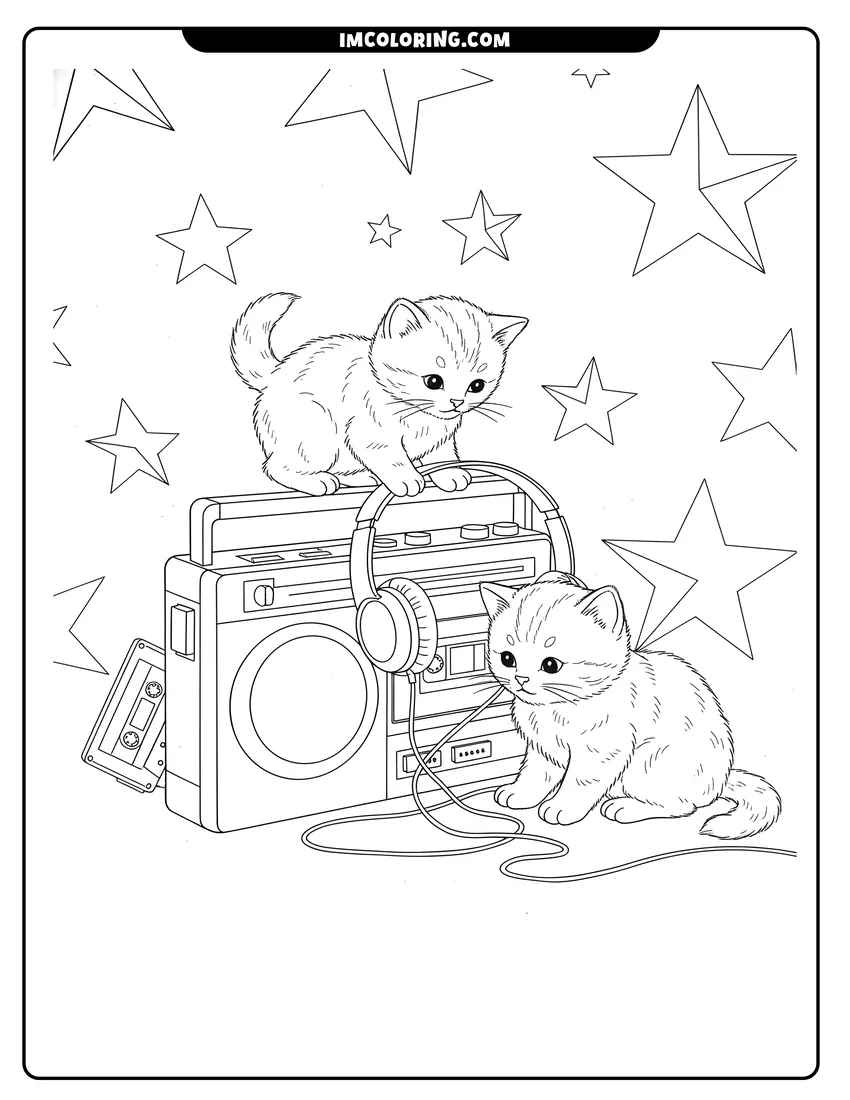 Coloring sheet featuring Three kittens playing with a vintage Walkman and headphones