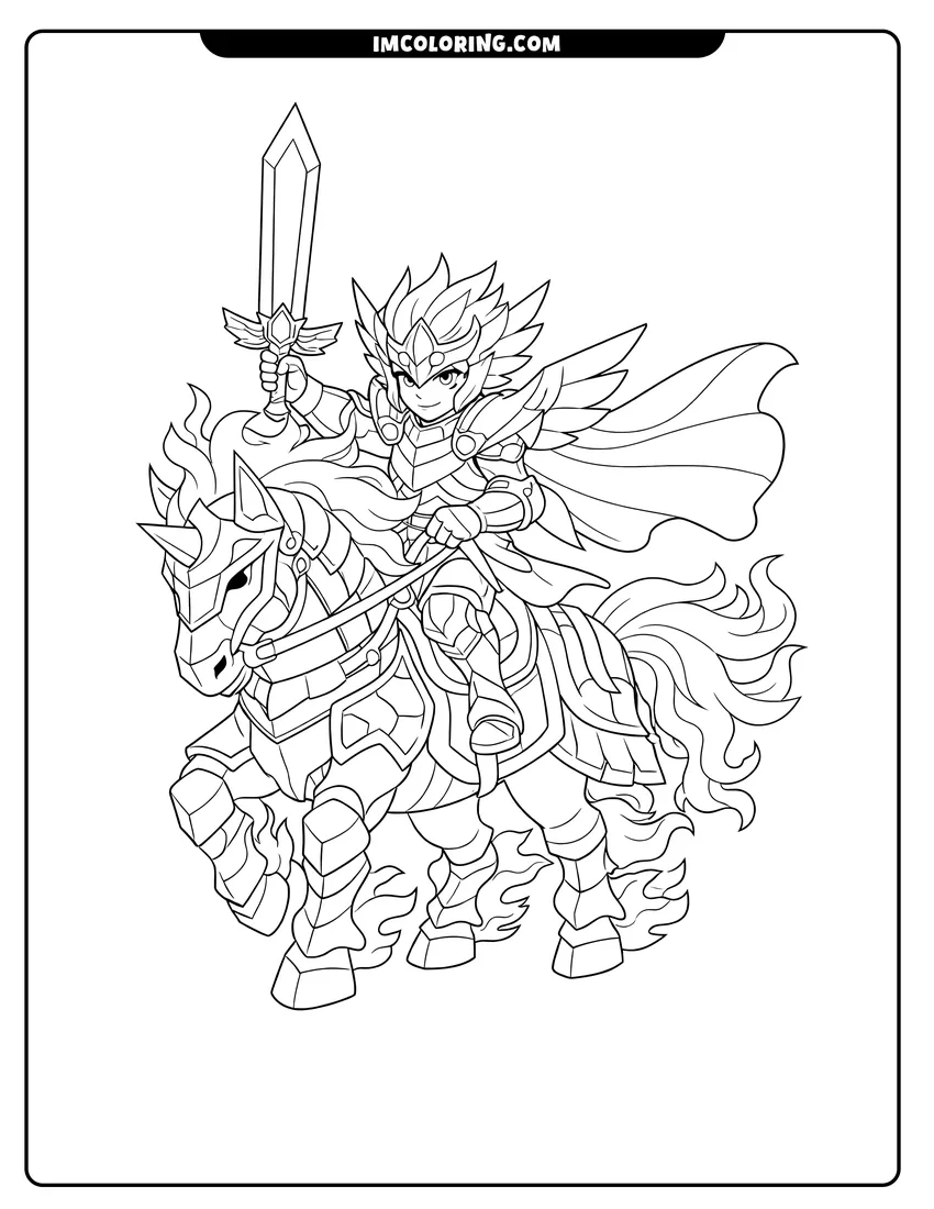 Detailed Knight Valtryek riding an armored horse with a sword design for coloring