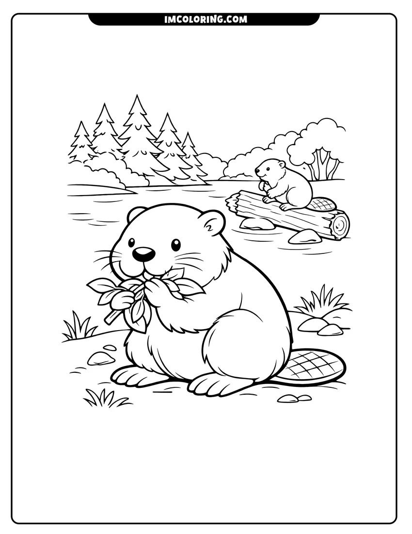 Large beaver chewing on a branch on a riverbank coloring page for preschoolers