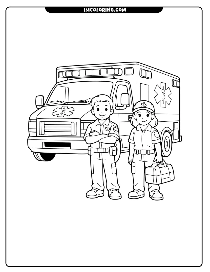 Scene showing Large box-style ambulance parked with a roof light bar to color