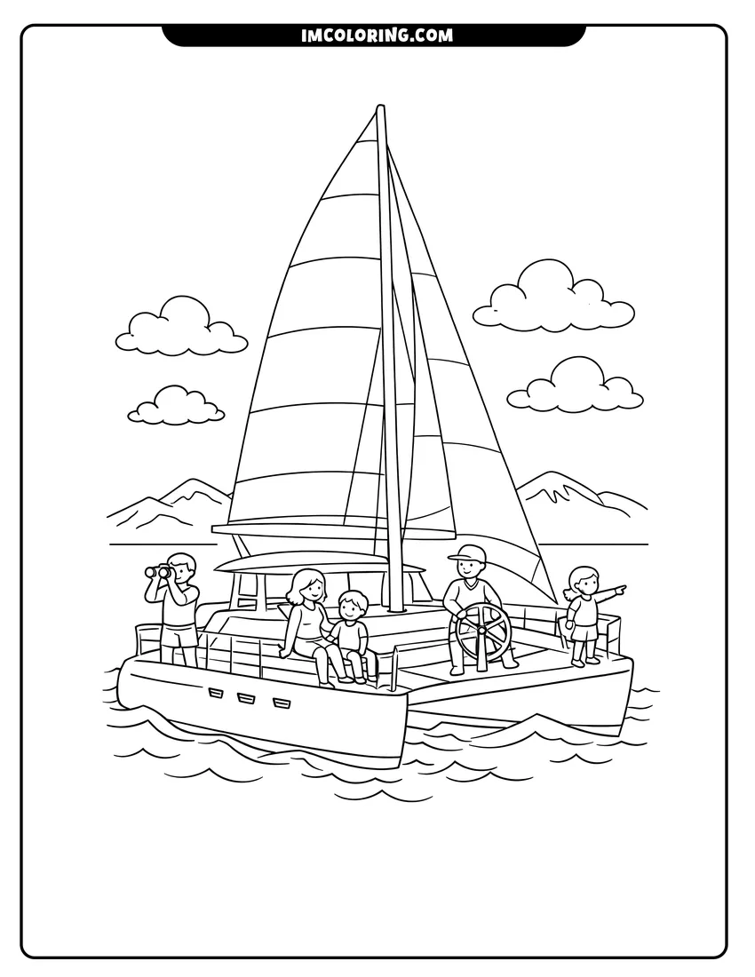 Coloring sheet of Large catamaran yacht with sails and people on deck for kids