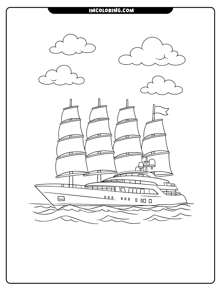 Kawaii style Large super yacht with four segmented sails and flag coloring picture