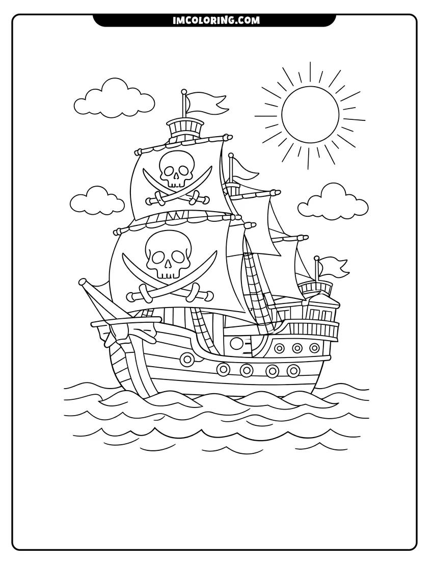 Easy-to-color Large pirate galleon with skull and crossbones on sails illustration