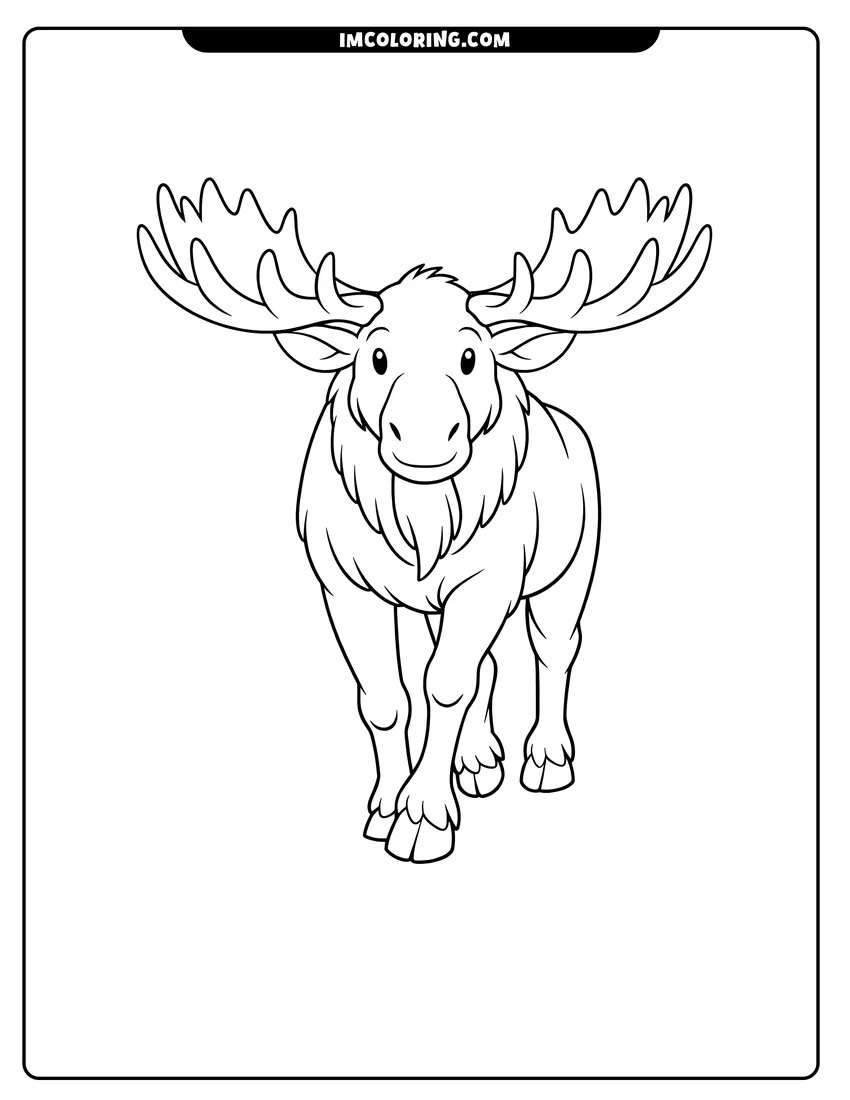 Printable coloring page featuring Large moose with wide antlers walking forward