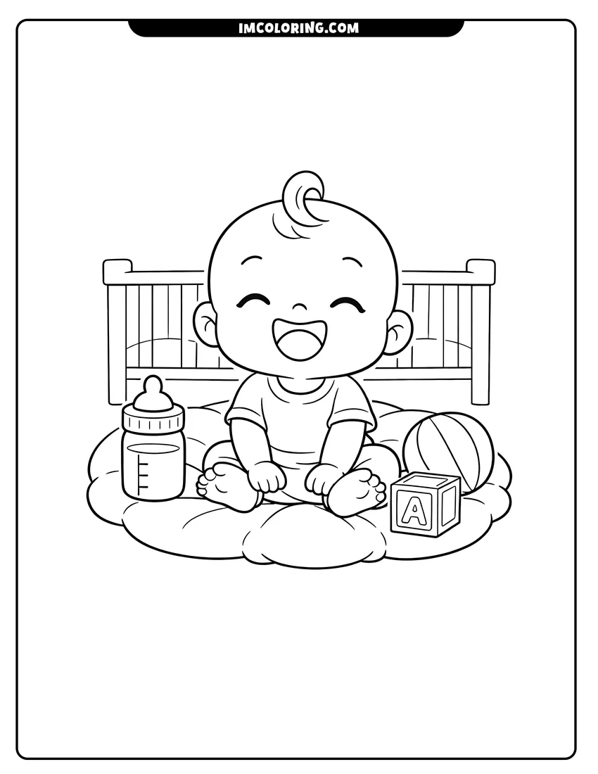 Kids activity sheet showing Laughing baby sitting on a soft floor pillow