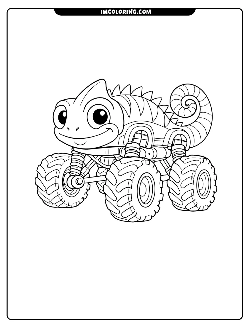 Kids activity sheet showing Lazard the chameleon monster truck with a curly tail