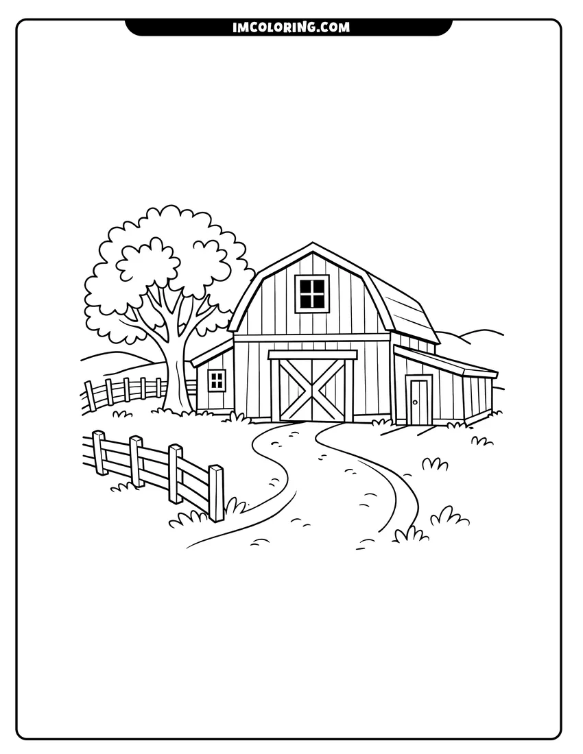 Scene showing Gambrel roof barn with a large leafy tree to color