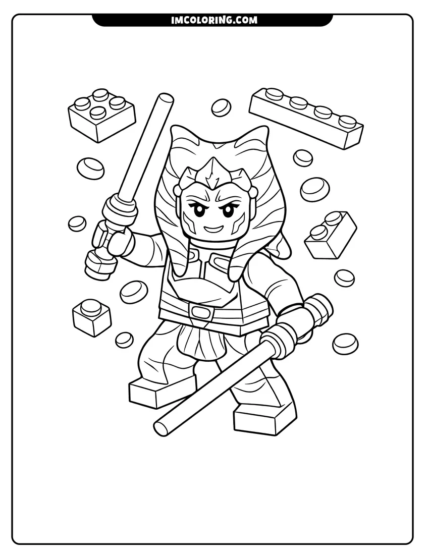 Detailed Lego Ahsoka Tano with floating Lego bricks design for coloring