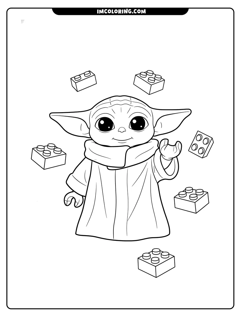 Cute LEGO style Baby Yoda with toy bricks outline for coloring