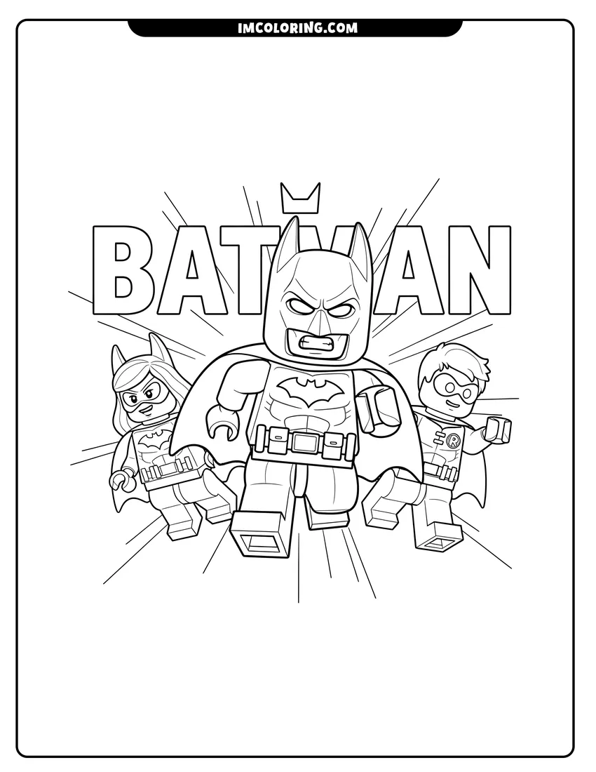 Easy-to-color Lego Batman, Batgirl, and Robin leaping forward illustration