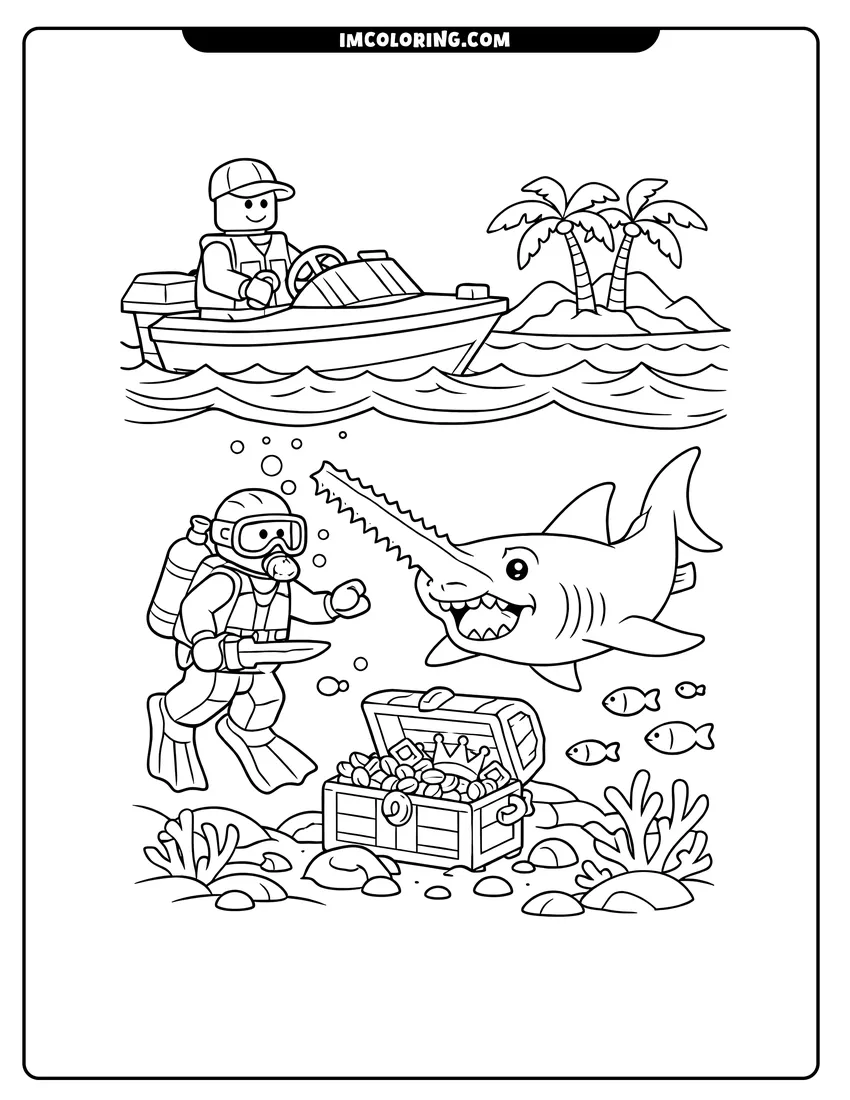 Simple sketch of Lego motorboat with a diver and sawfish underwater for children