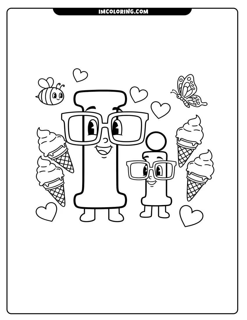 Free printable coloring sheet of Happy letter I characters with glasses and ice cream cones
